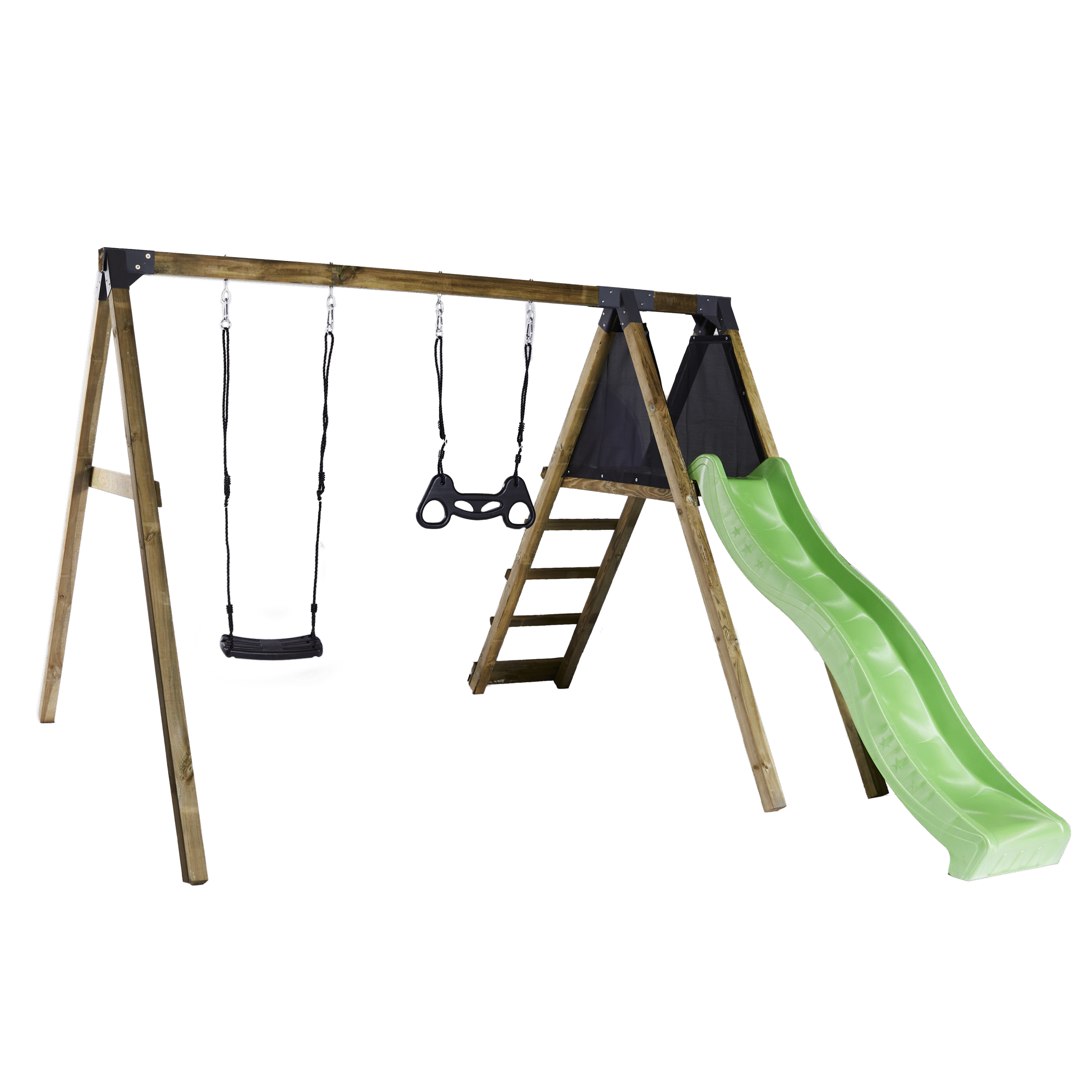 Sort Gyngestativ Med Climb Modul Gyngesæde Trapezgynge Inkl Grøn Rutsjebane - Gyngestativer