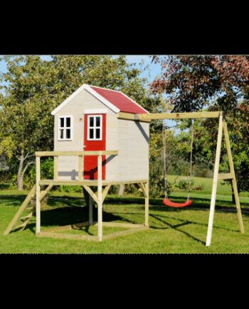 Hvid Legehus Med Gyngestativ Fyrretræ H242 B350 D192 Natur Rød - Wendi Toys Gyngestativer